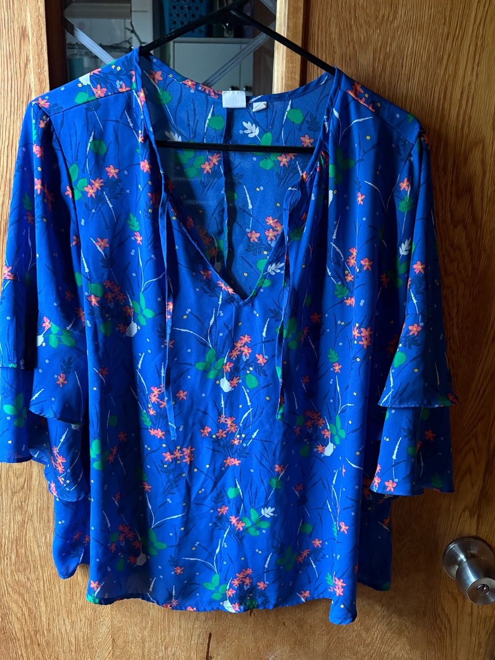 GAP Royal Blue Floral Tie-Neck Blouse